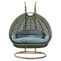 Leisuremod Beige Wicker Hanging 2 person Egg Swing Chair with Charcoal Blue Cushions ESCBG-57CBU